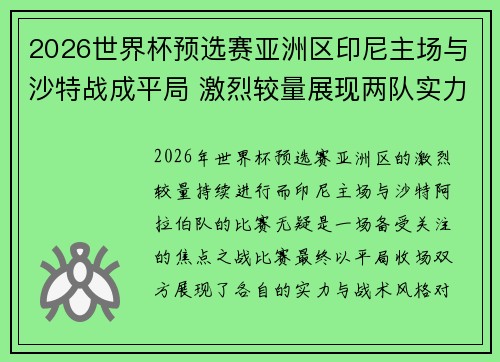 2026世界杯预选赛亚洲区印尼主场与沙特战成平局 激烈较量展现两队实力 2026世界杯预选赛亚洲区印尼主场与沙特战成平局 激烈较量展现两队实力